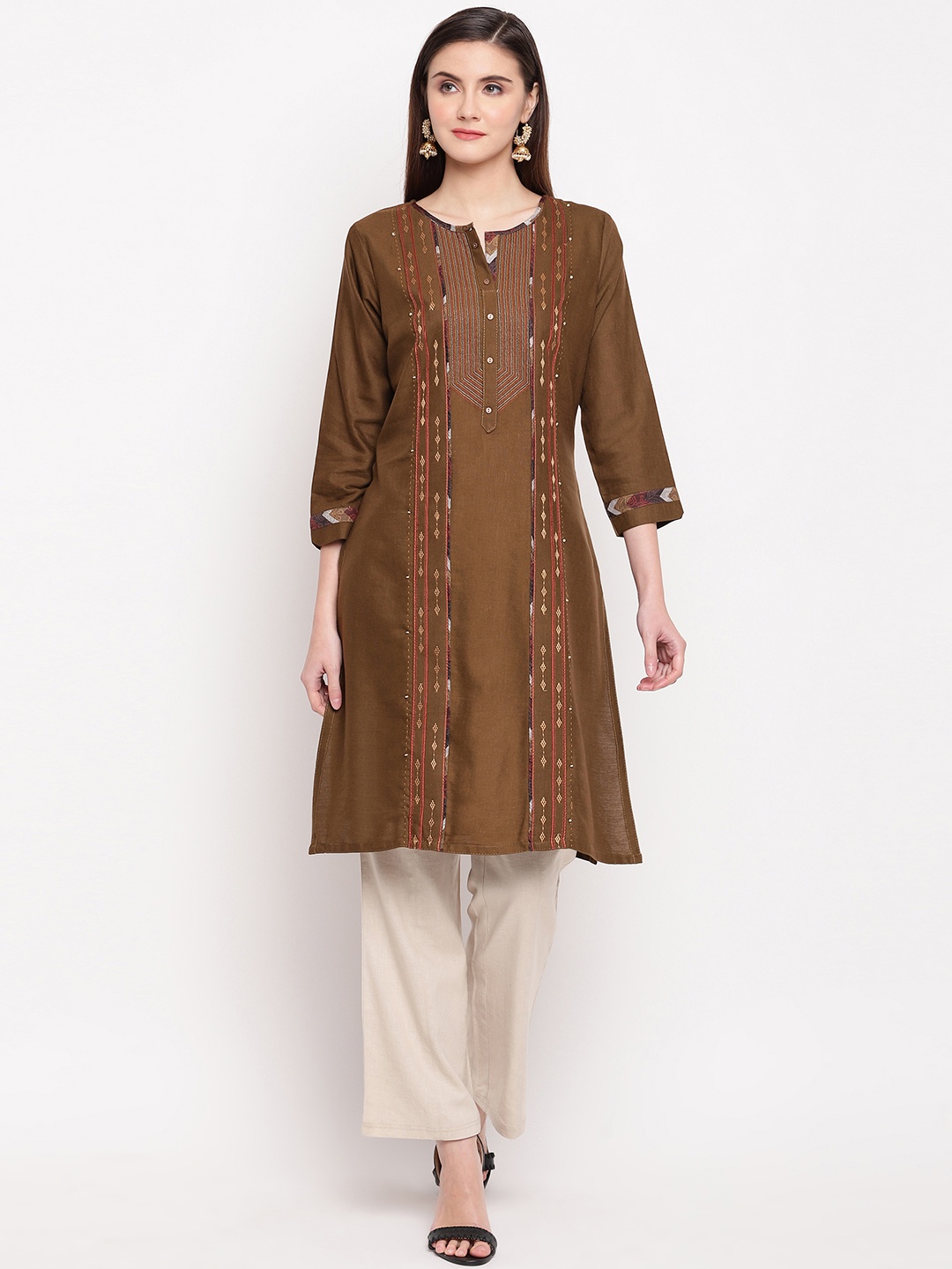 

Kvsfab Women Brown Embroidered A-Line Kurta
