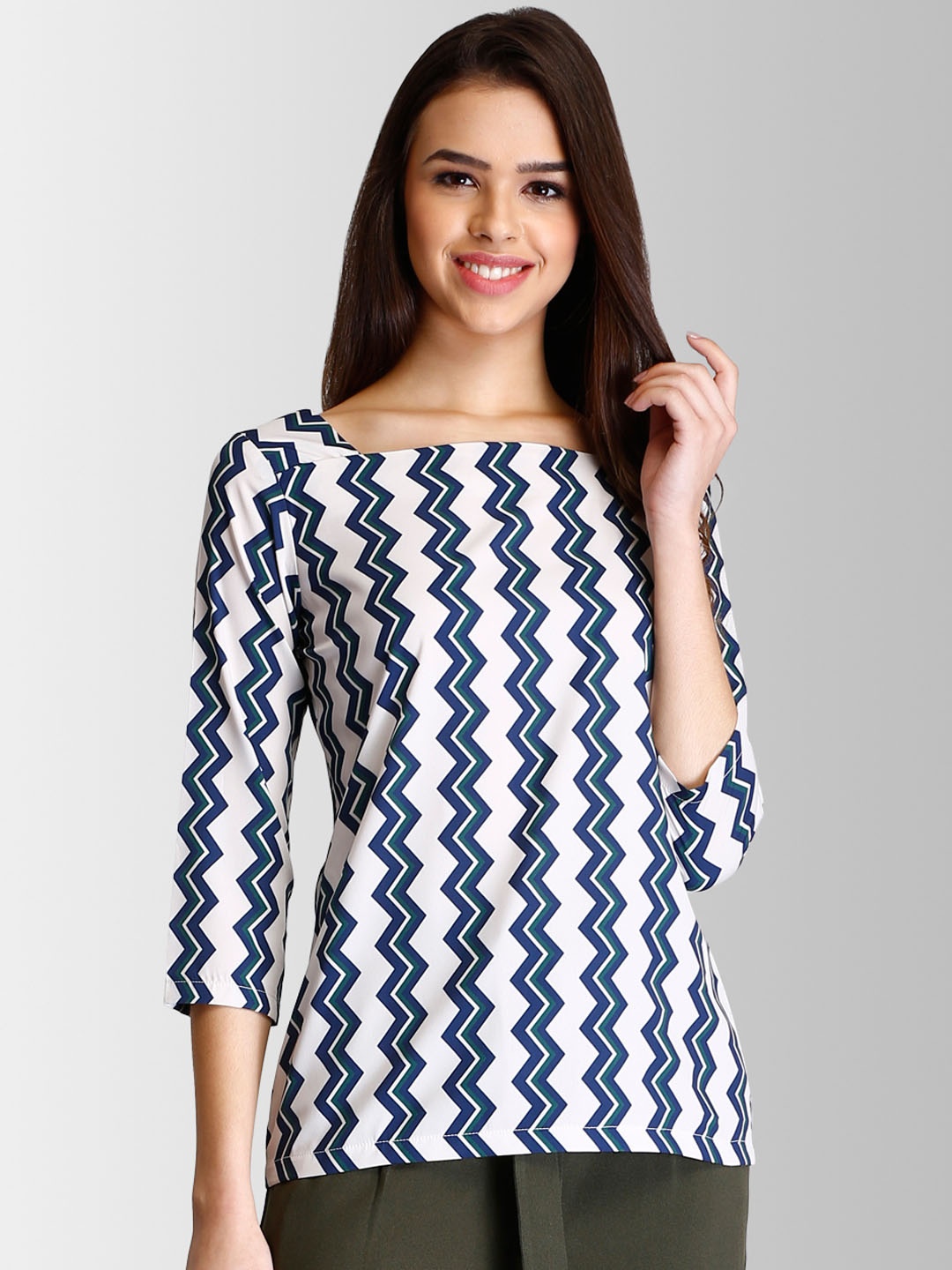 FableStreet Women White & Blue Printed Top