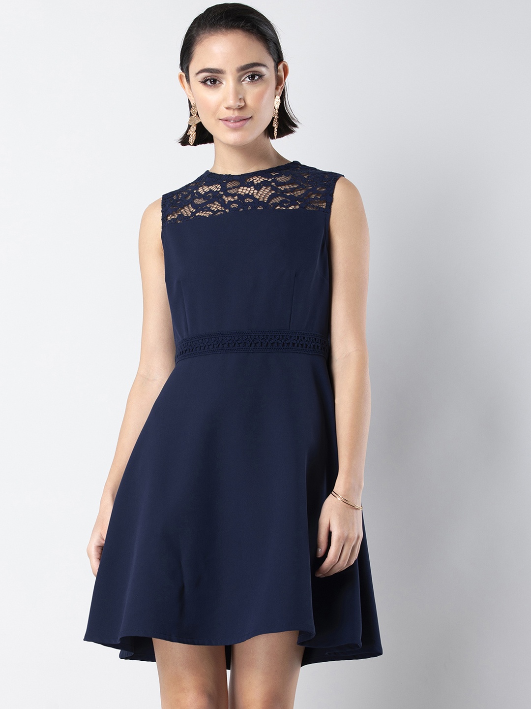

FabAlley Women Navy Blue Self Design Fit and Flare Dress