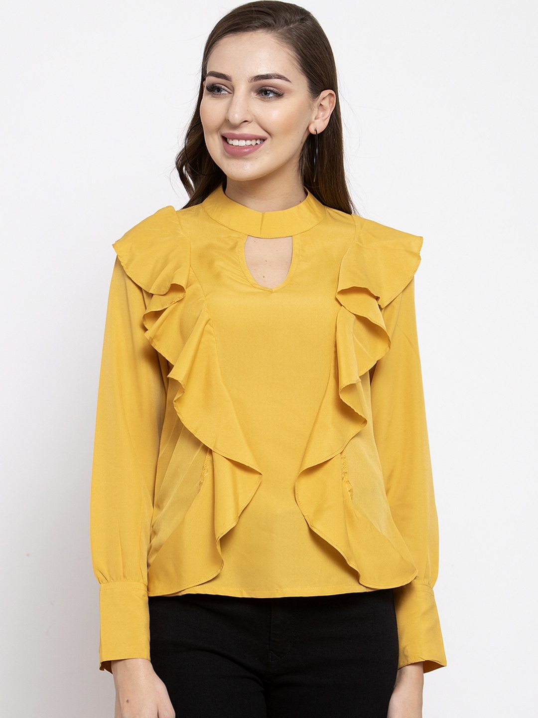 klauressa Women Mustard Yellow Solid Tiered Top