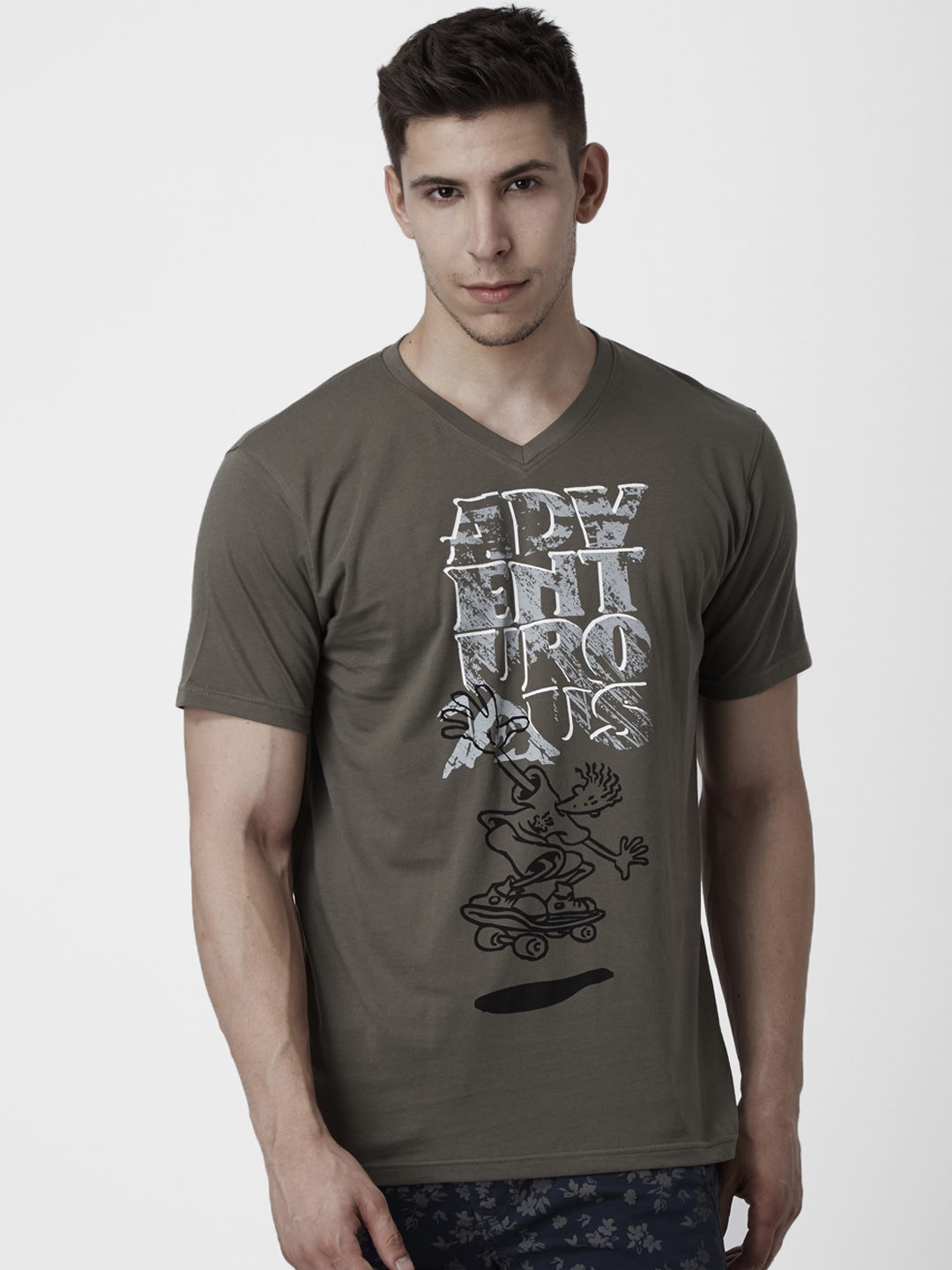 

FIDO DIDO Men Olive Green Printed Round Neck Pure Cotton T-shirt