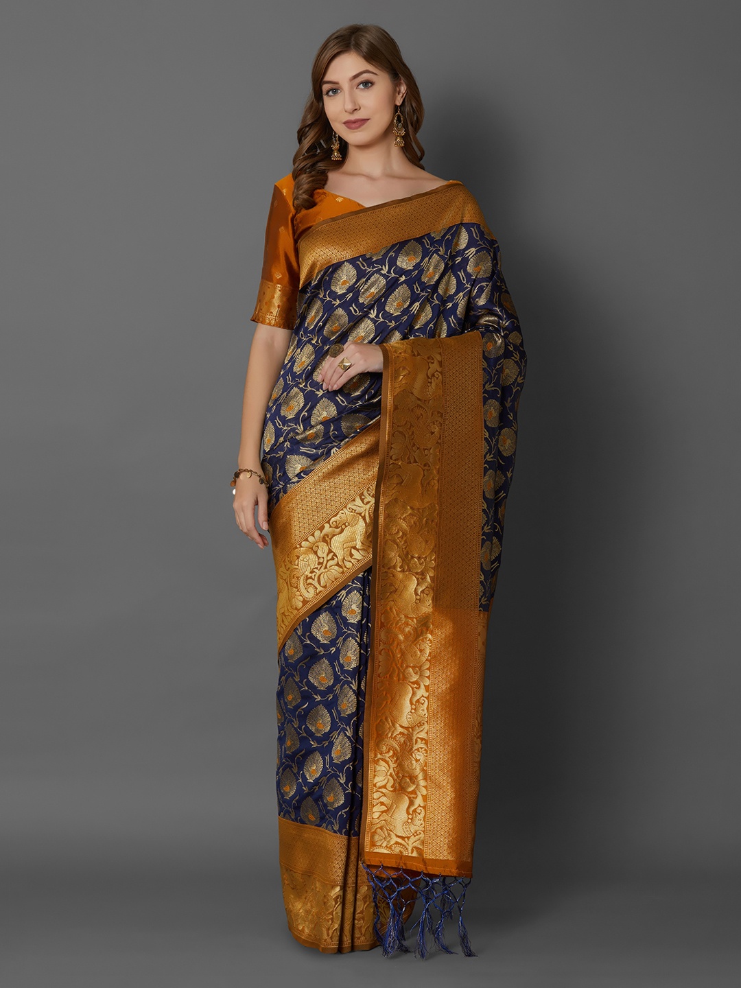 

Mitera Navy Blue & Mustard Yellow Silk Blend Woven Design Banarasi Saree