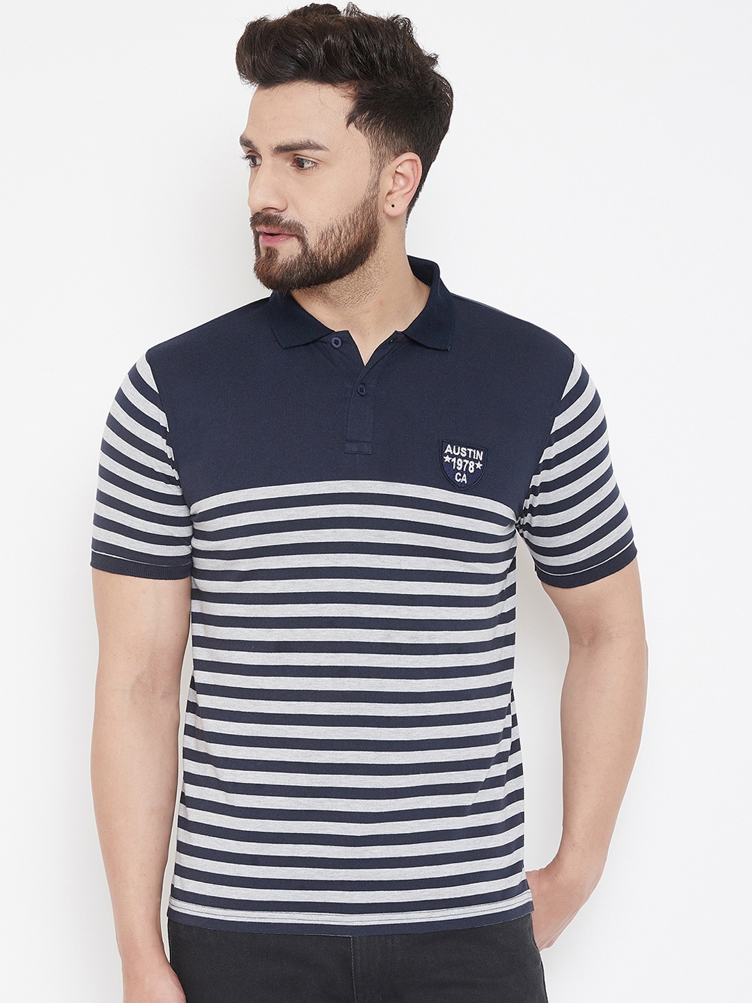 

Austin wood Men Navy Blue & White Striped Polo Collar T-shirt