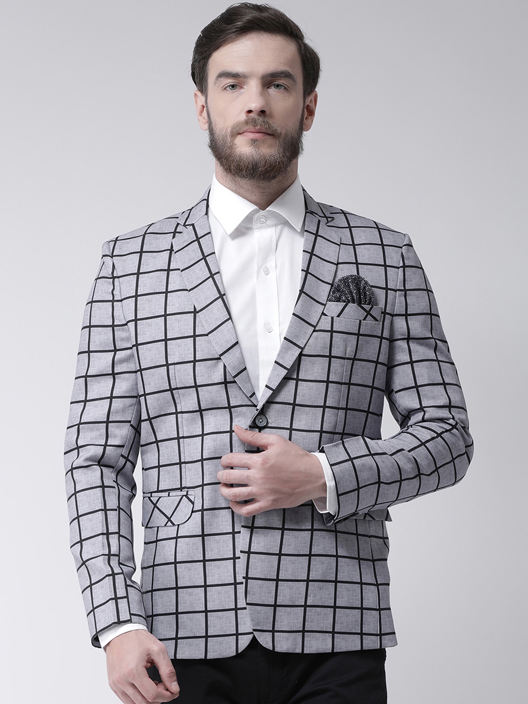 

Hangup Men Grey & Black Checked Single-Breasted Formal Blazer