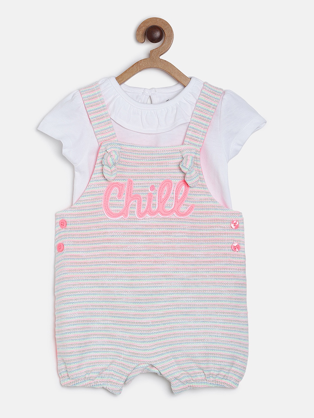 

MINI KLUB Girls Coral pink & White Solid Top with Printed Dungarees