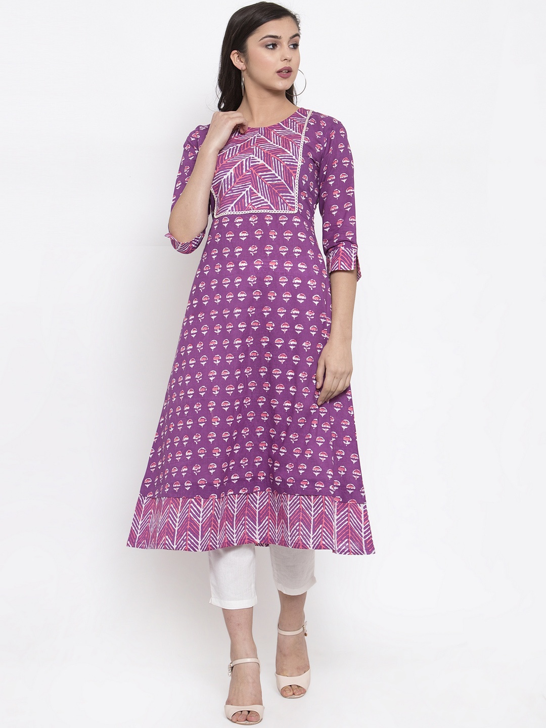 

Indibelle Women Purple & White Printed Kurta with Trousers