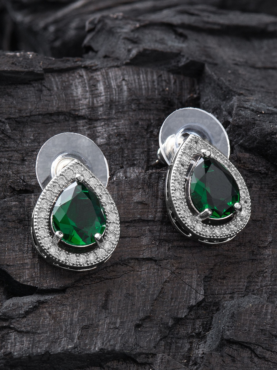 

E2O Green & Silver-Toned Teardrop Shaped Studs