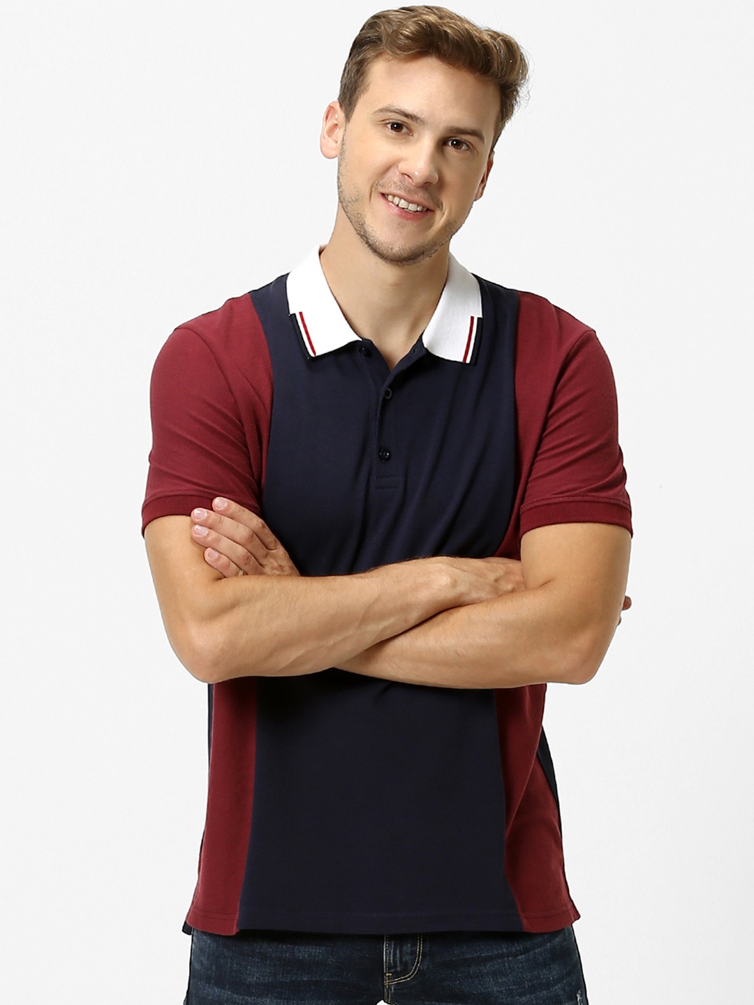 

Celio Men Maroon Colourblocked Polo Collar Pure Cotton T-shirt