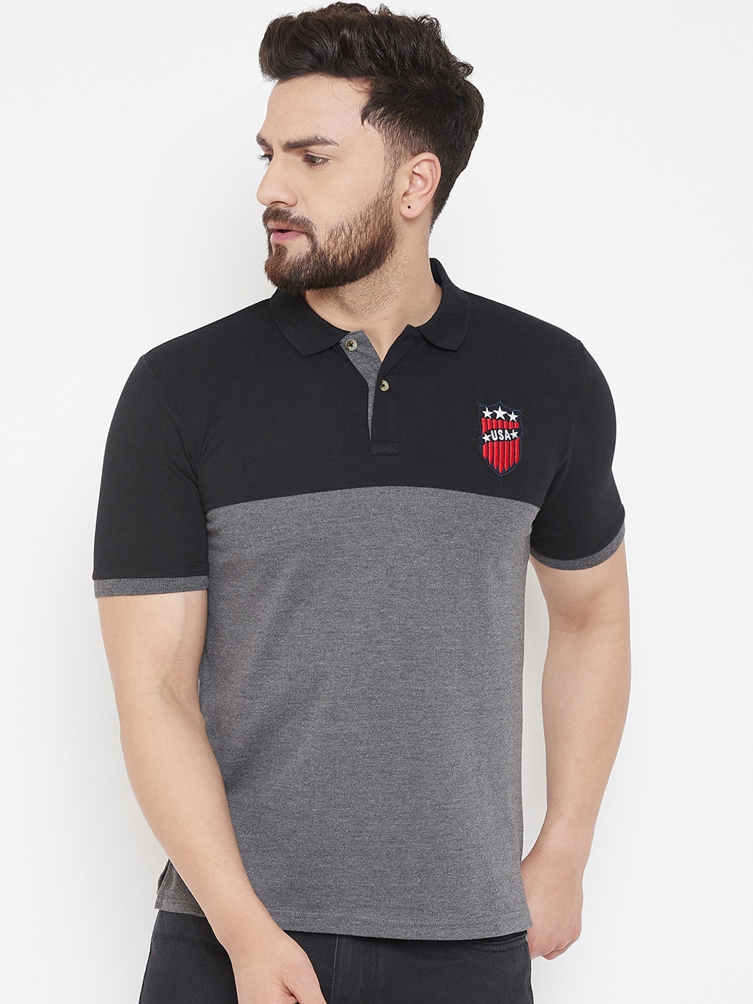 Austin wood Men Charcoal Grey & Navy Blue Colourblocked Polo Collar T-shirt