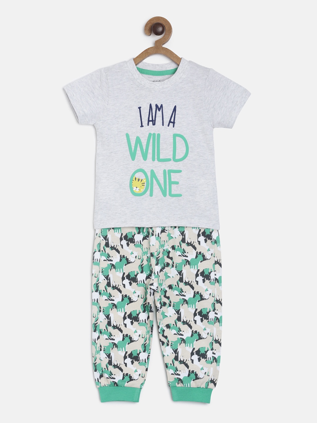 

MINI KLUB Boys Grey Melange & Green Printed T-shirt with Pyjamas