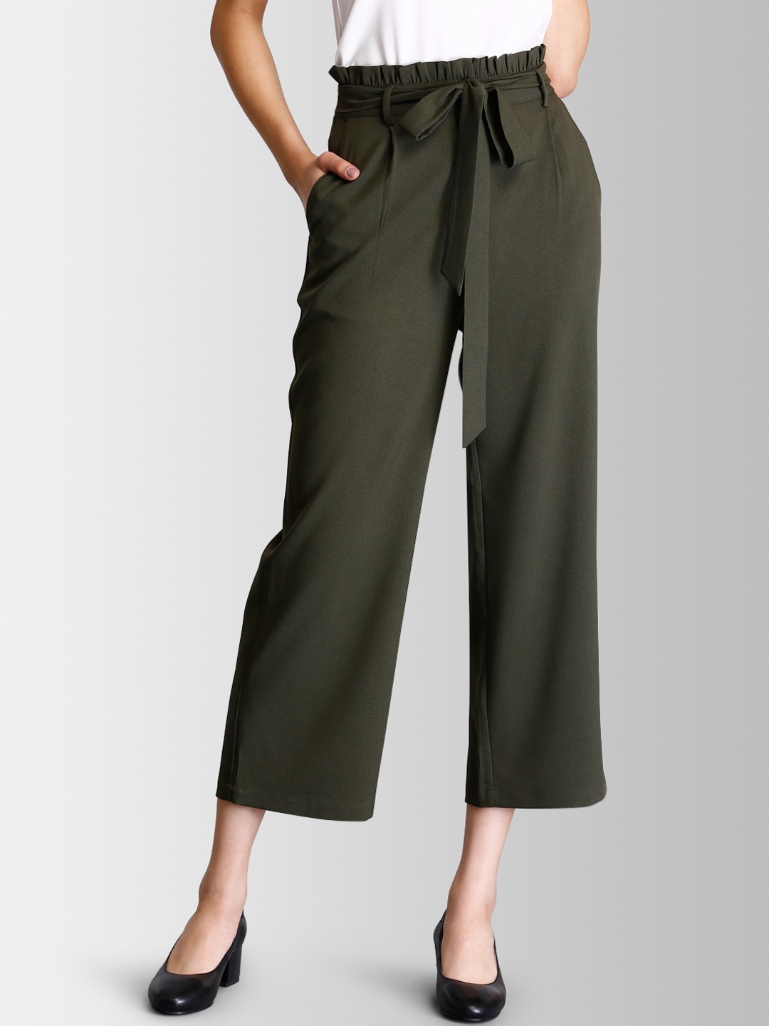 

FableStreet Women Olive Green Flared Solid Parallel Trousers