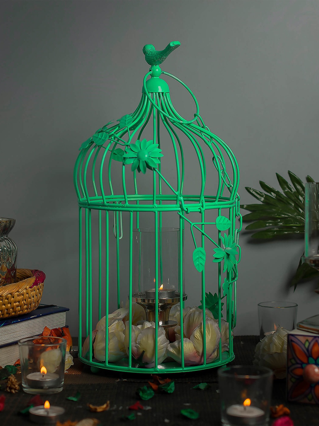 

Homesake Set Of 2 Green Solid Bird Cage & Hanging Chain