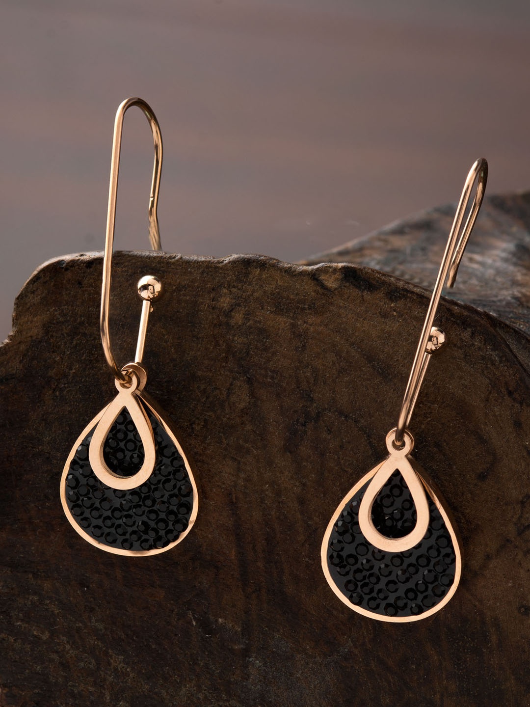 

E2O Rose Gold-Plated & Black Contemporary Drop Earrings
