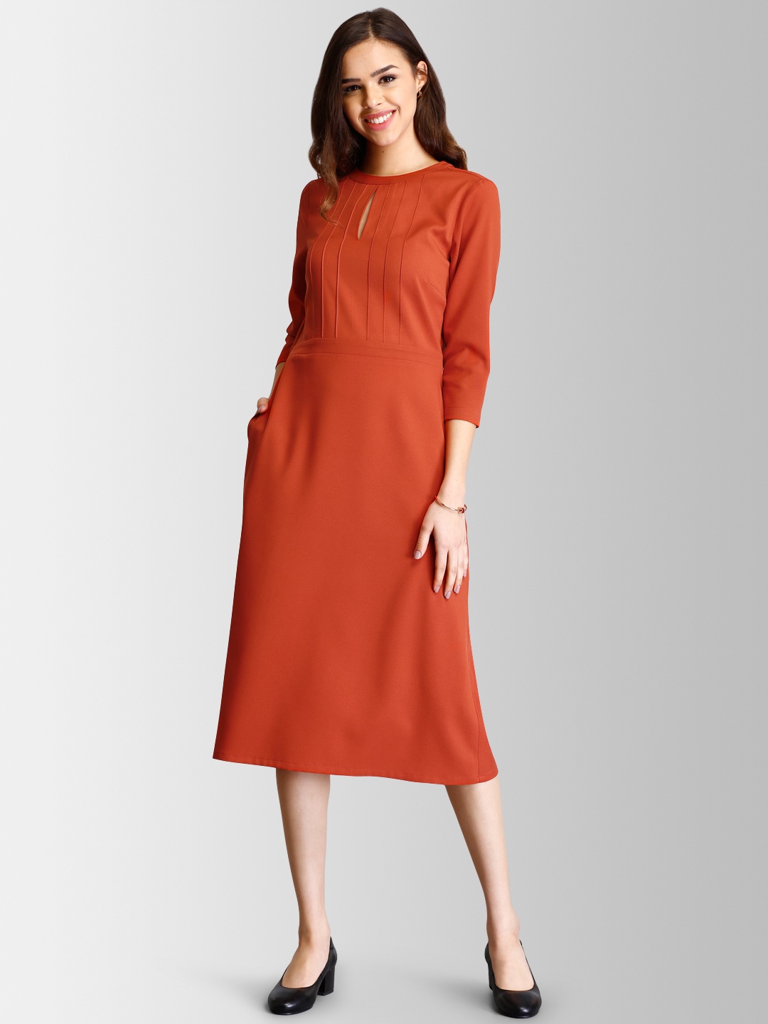 FableStreet Women Rust Orange Solid A-Line Dress
