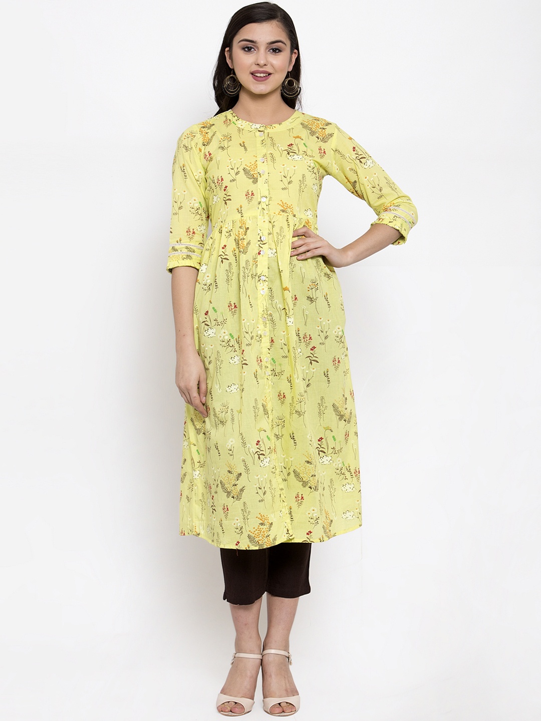 

Indibelle Women Yellow & Black Printed Kurta with Trousers