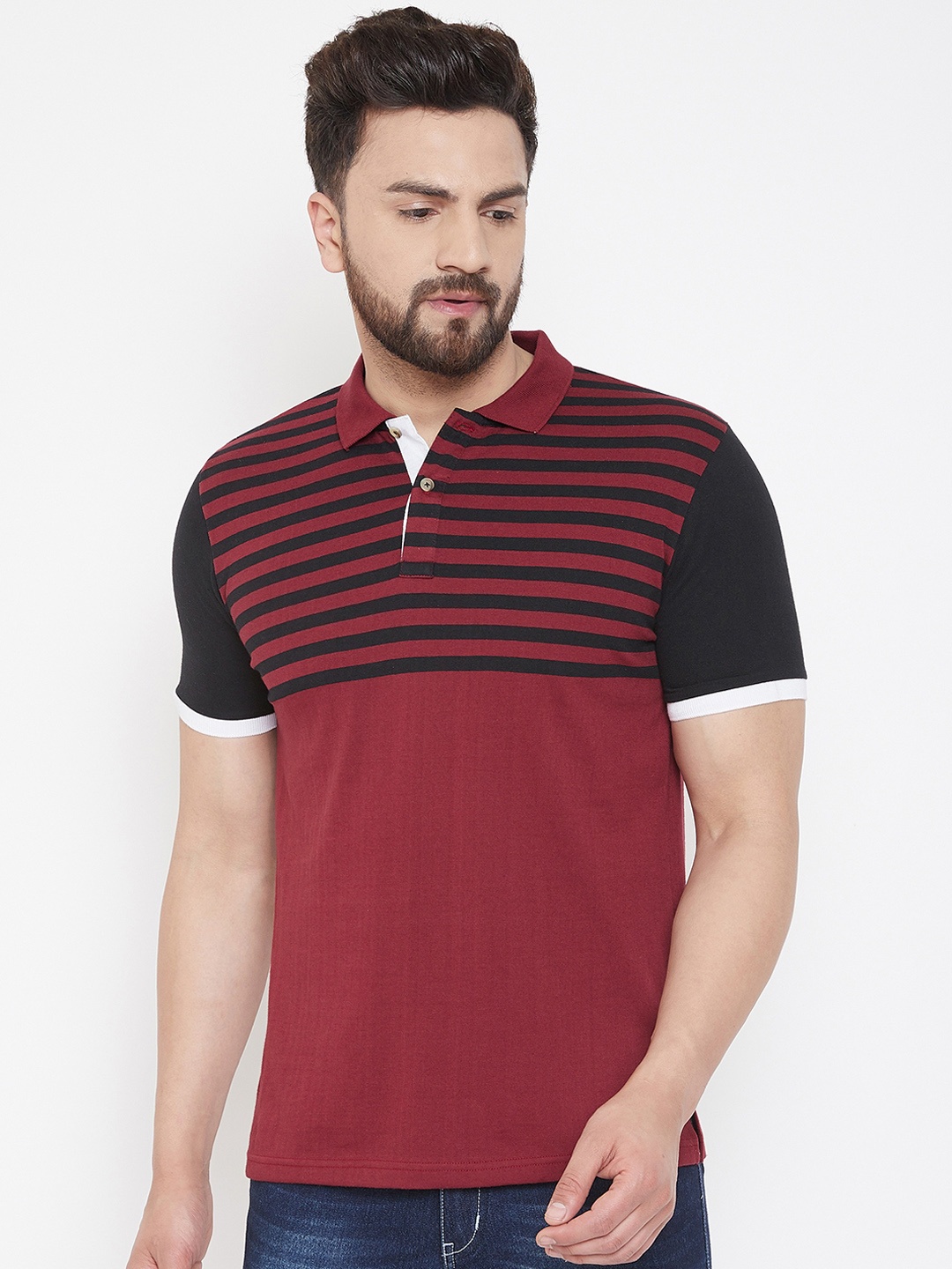 

Austin wood Men Red Striped Polo Collar T-shirt