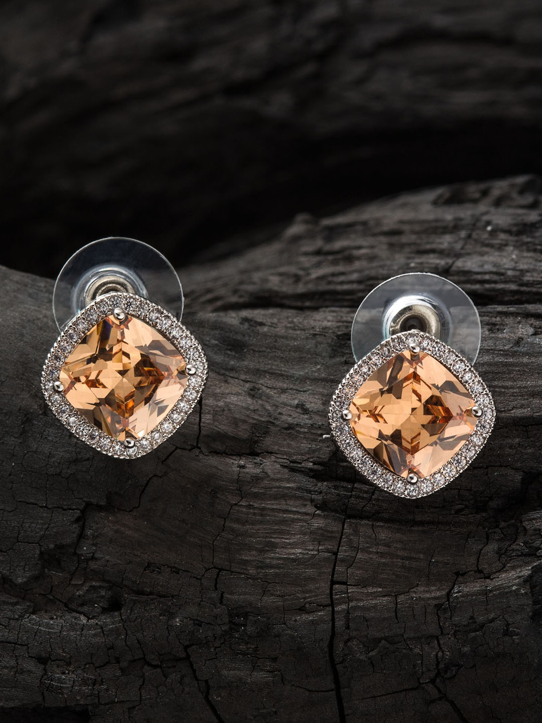 

E2O Rhodium-Plated Silver-Toned & Brown Contemporary Studs