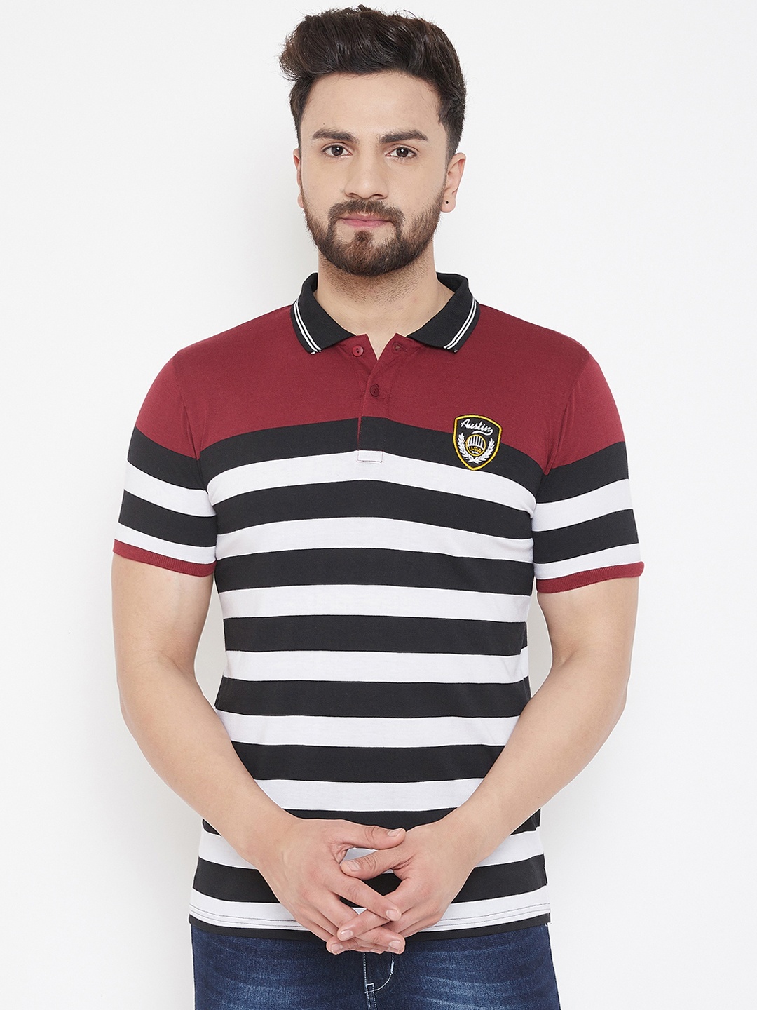 

Austin wood Men White & Navy Blue Striped Polo Collar T-shirt