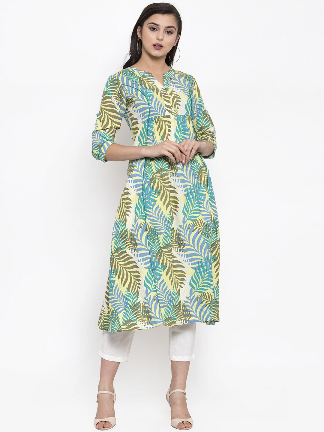 

Indibelle Women Green & White Printed Kurta with Trousers