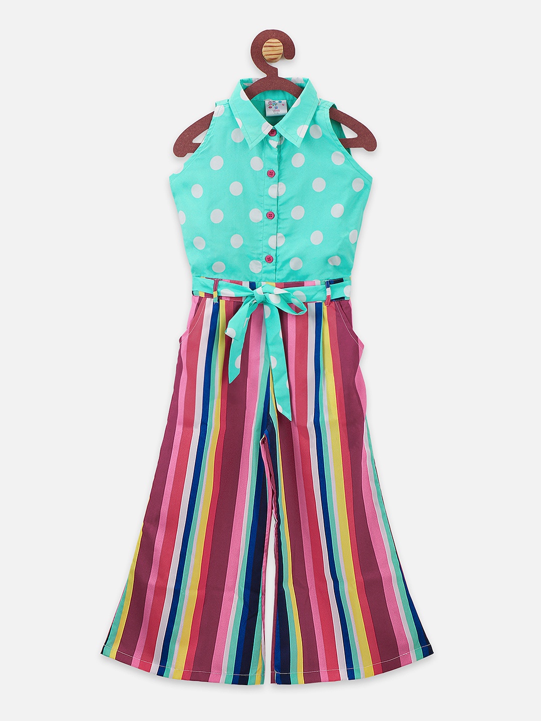 

LilPicks Girls Sea Green & Pink Striped Basic Jumpsuit