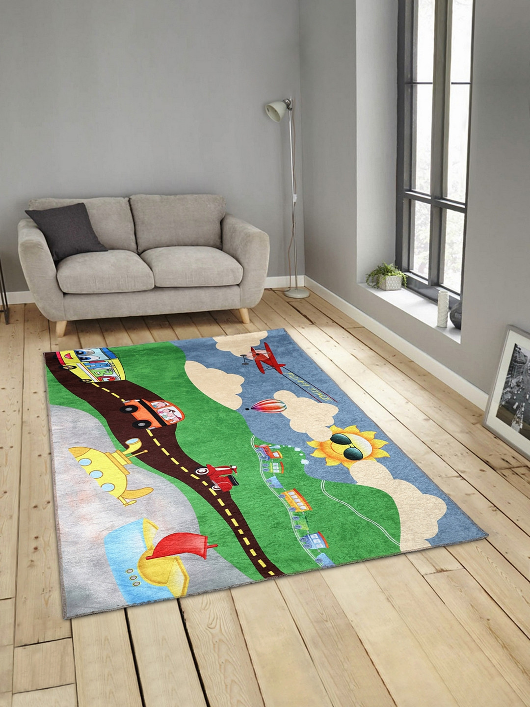 

ROMEE Blue & Green Velvet Printed Anti-Skid Carpet