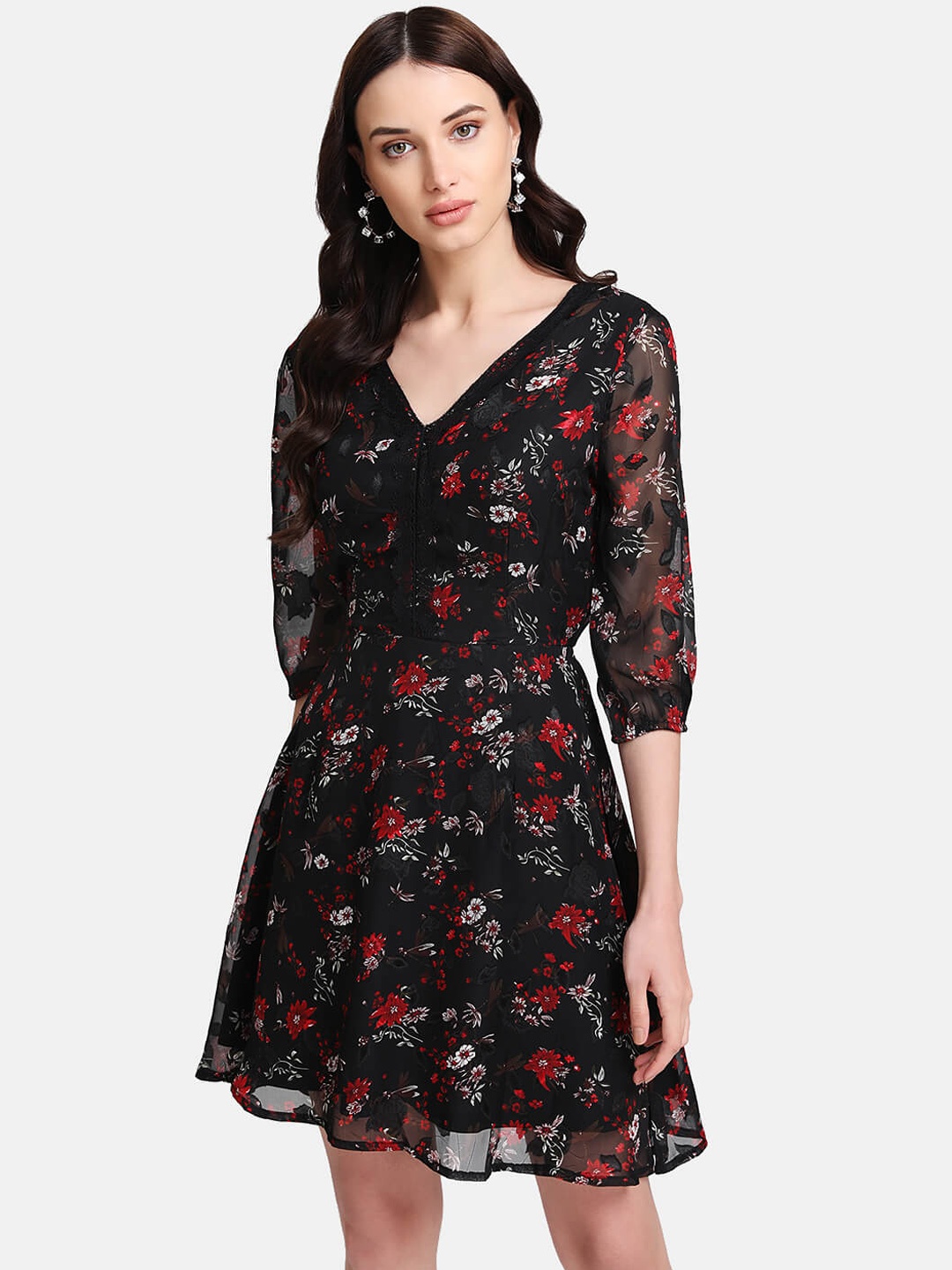 

Kazo Women Black Printed Fit and Flare Dress with Lace Detail