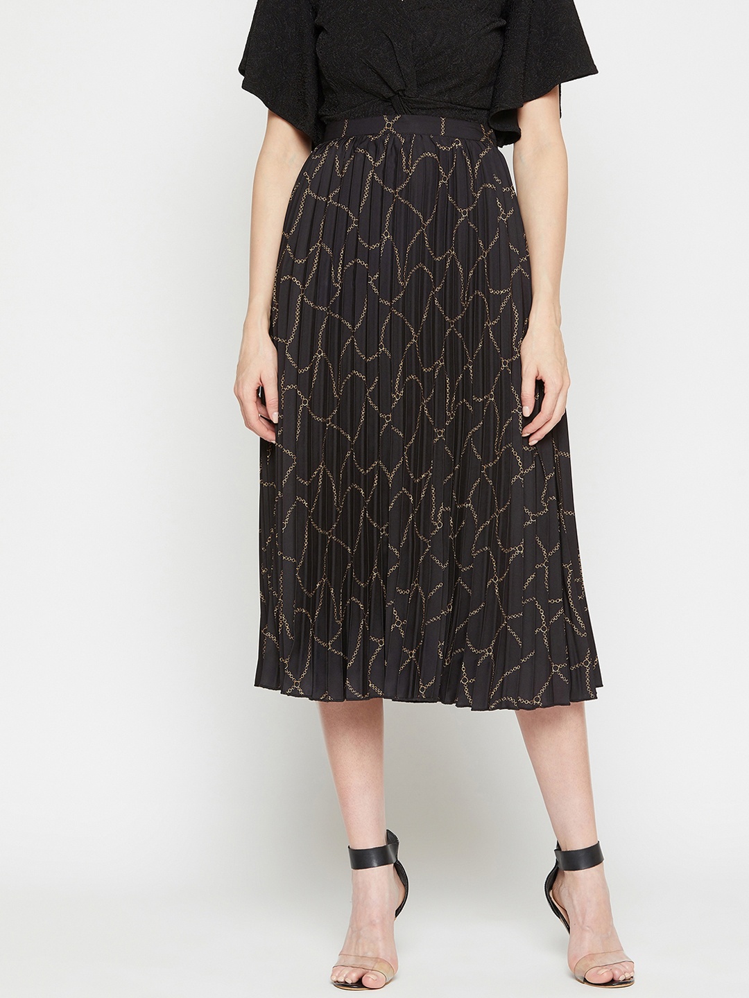

Marie Claire Women Black & Gold-Coloured Printed A-Line Midi Skirt