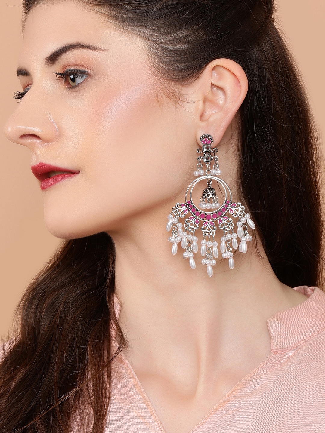 

Rubans Silver-Plated & Pink Handcrafted Classic Chandbalis