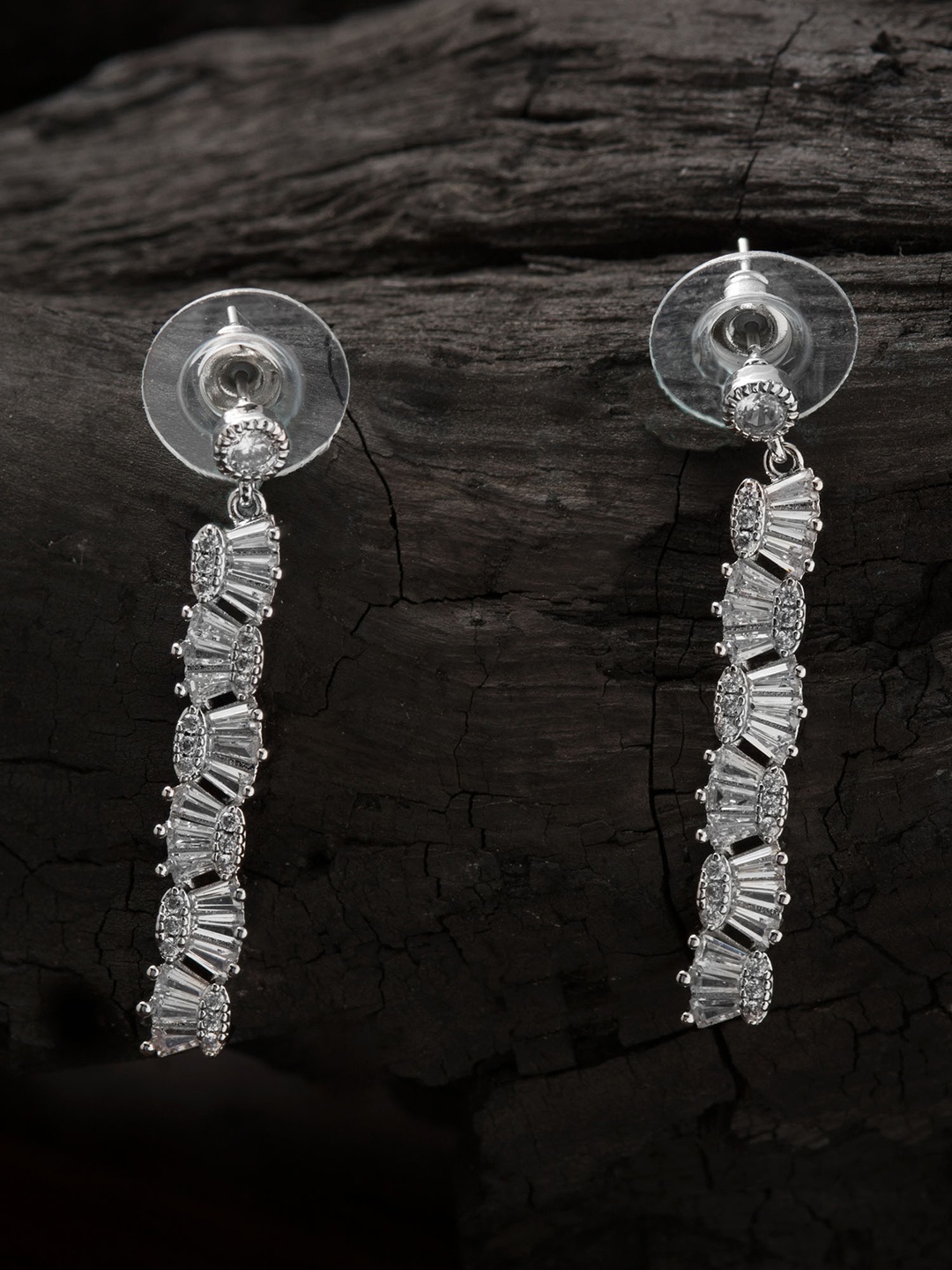 

E2O Silver-Toned & White Contemporary Rhodium Plated Drop Earrings