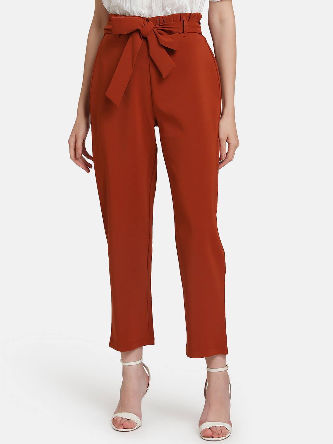 

Kazo Women Rust Red Straight Fit Solid Peg Trousers