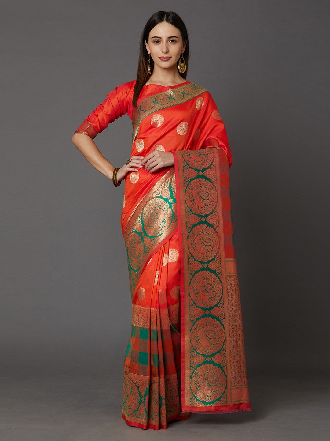 Mitera Orange Silk Blend Woven Design Banarasi Saree