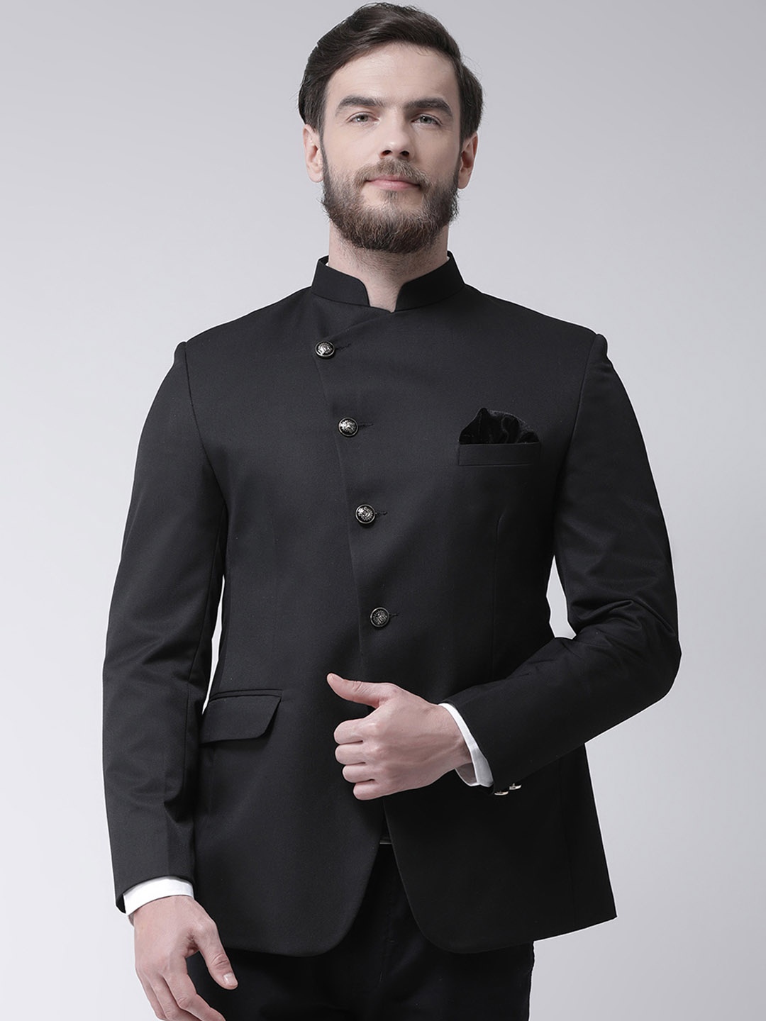 Hangup Men Black Solid Double-Breasted Formal Bandhgala Blazer