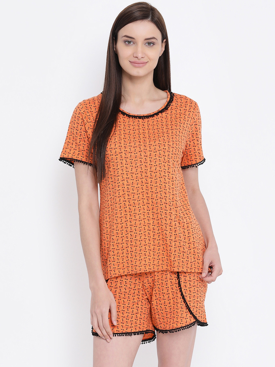 

Kanvin Women Orange & Black Printed Night suit