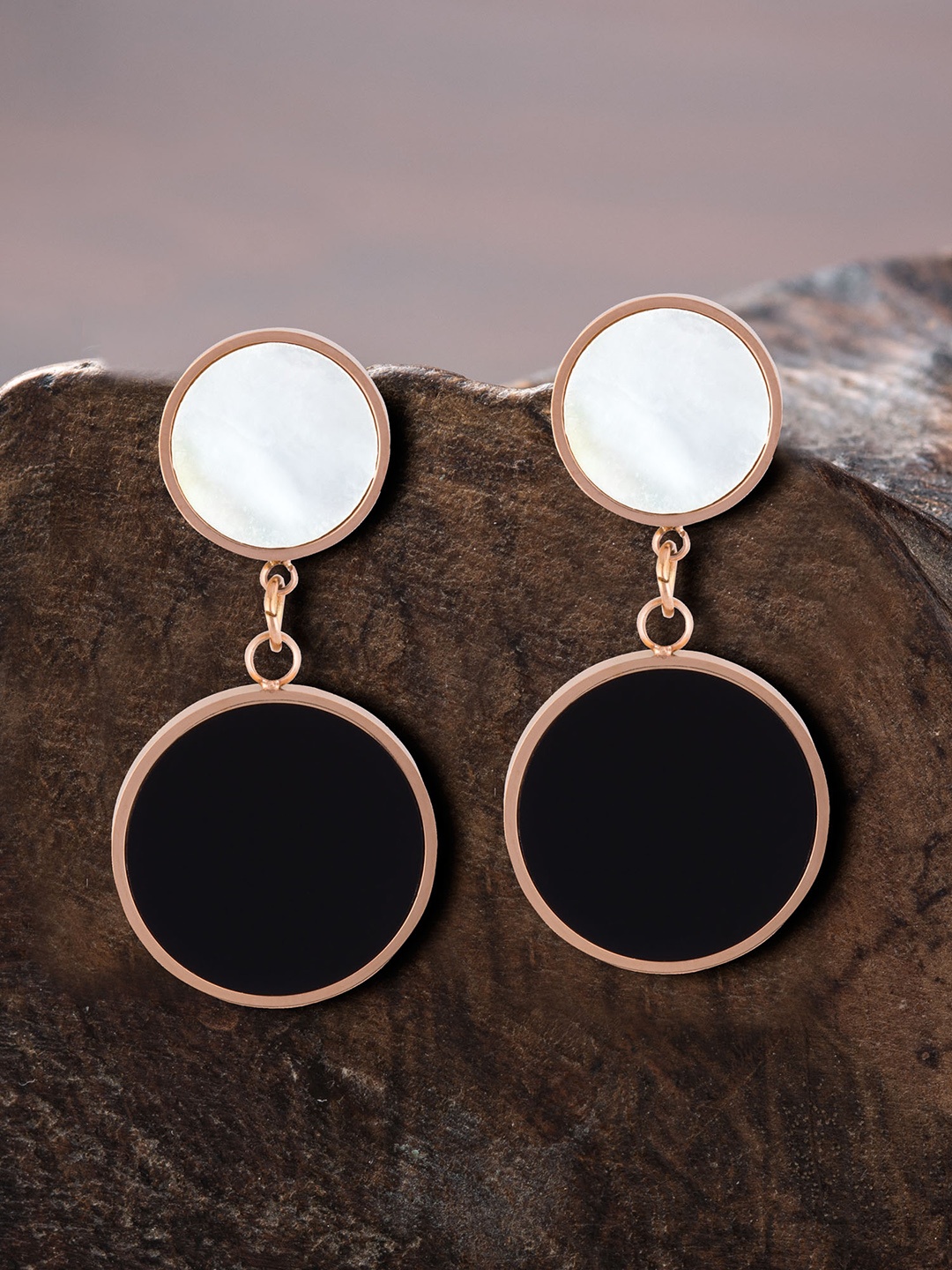 

E2O Black & White Circular Rose-Gold-Plated Drop Earrings