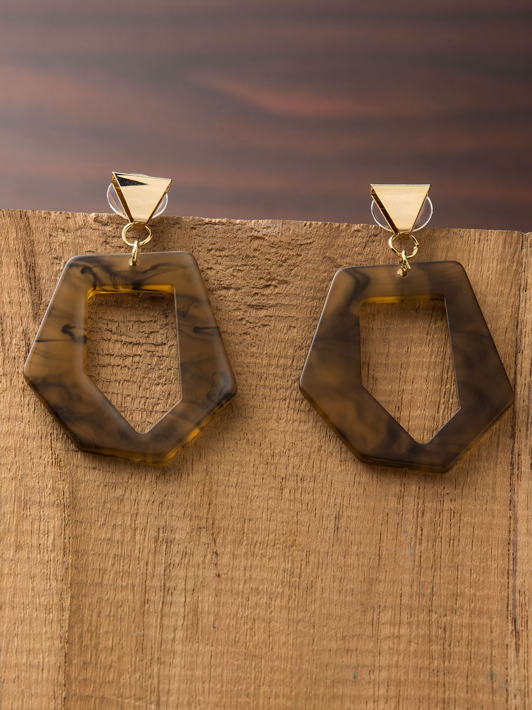 

E2O Brown Geometric Gold-Plated Drop Earrings