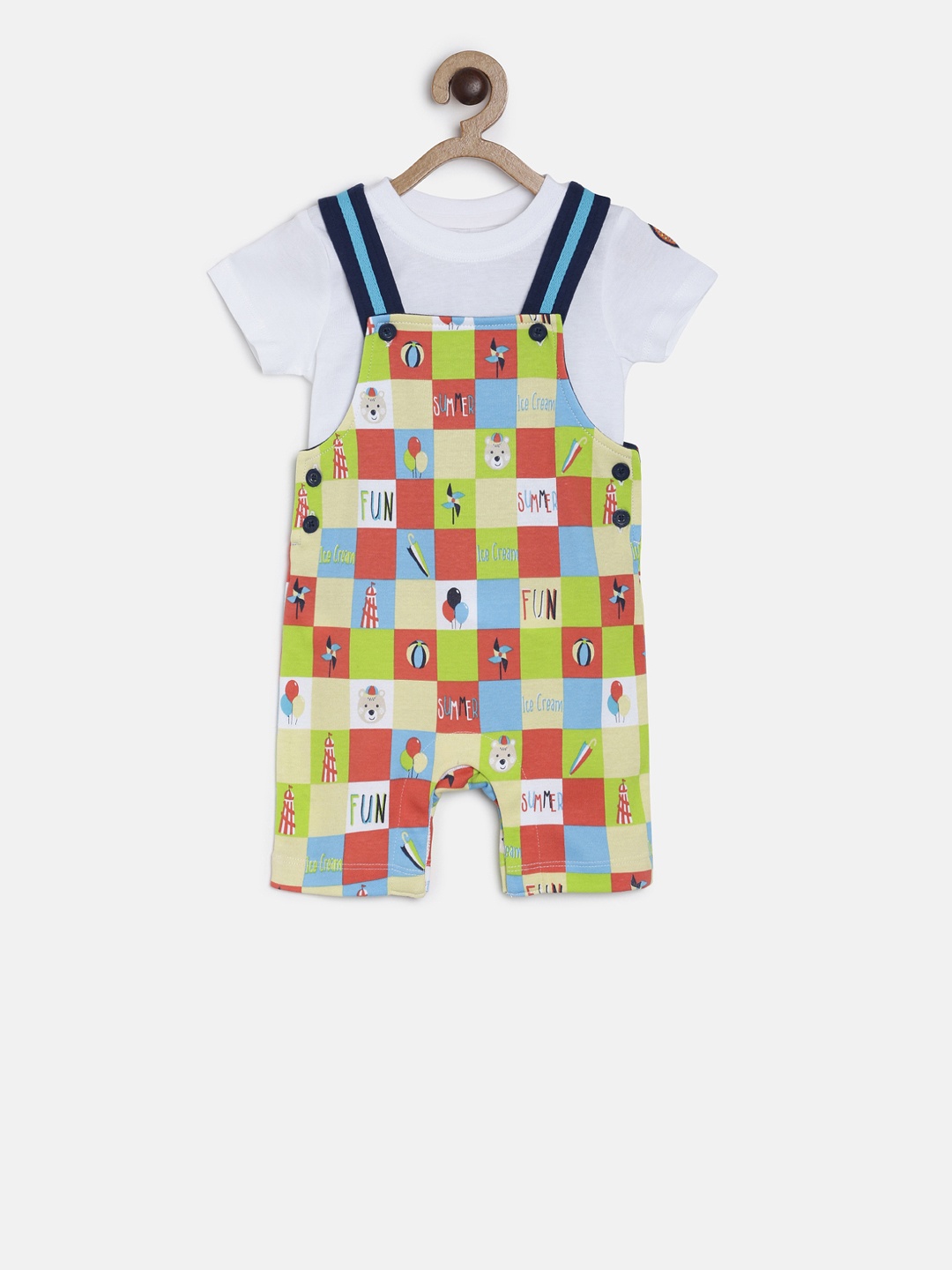 

MINI KLUB Boys White & Green Solid T-shirt with Checked Dungarees
