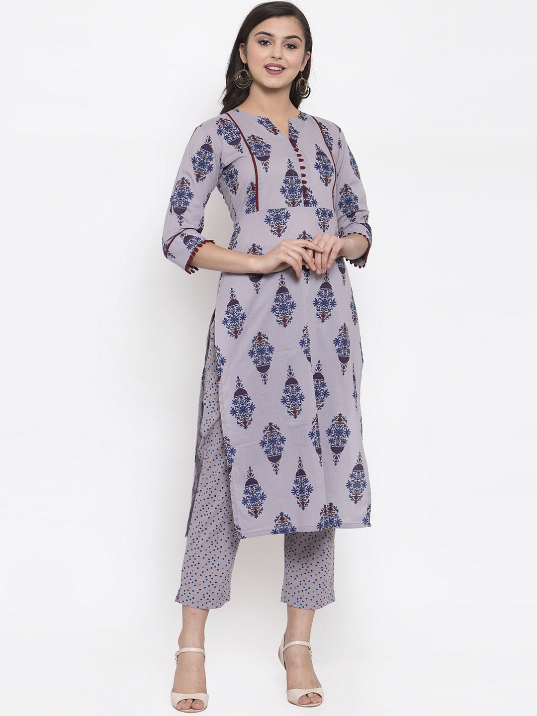 

Indibelle Women Grey & Blue Printed Kurta with Trousers