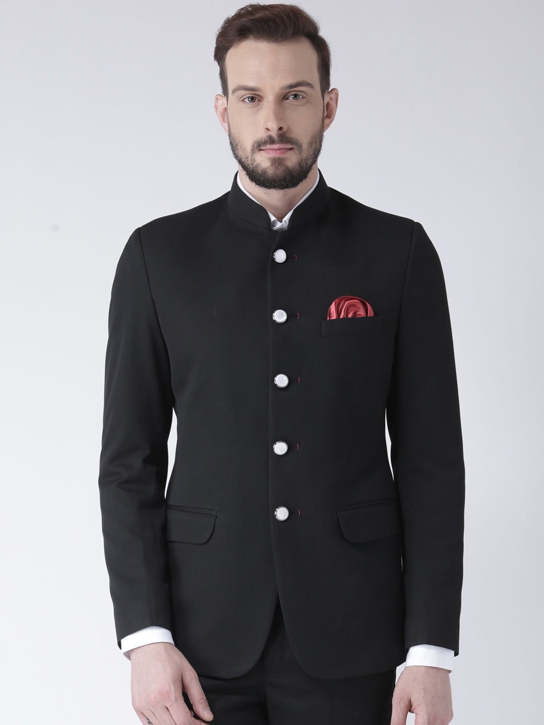 

Hangup Men Black Solid Single-Breasted Formal Bandhgala Blazer