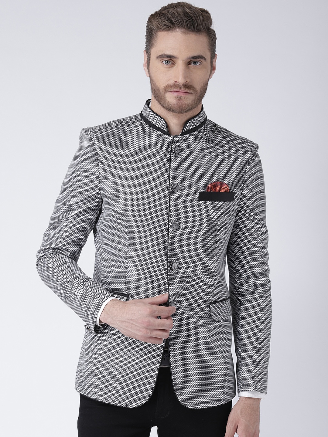 

Hangup Men Black & White Printed Single-Breasted Bandhgala Blazer
