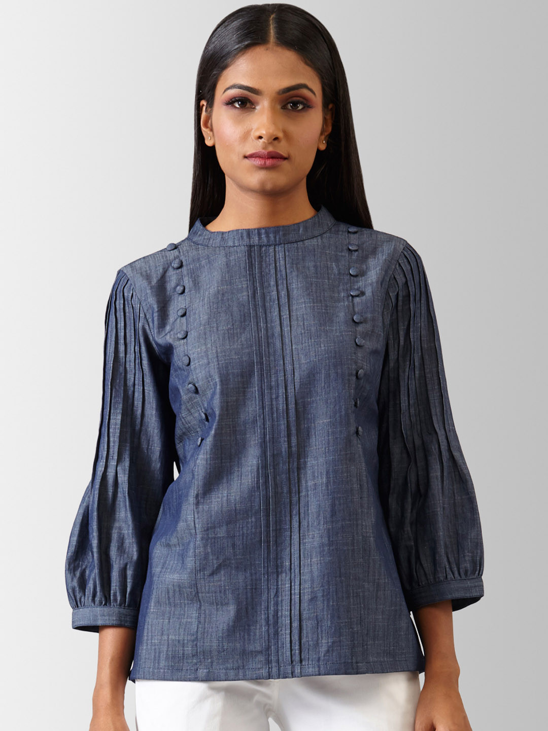 

FableStreet Women Blue Printed Pure Cotton Top