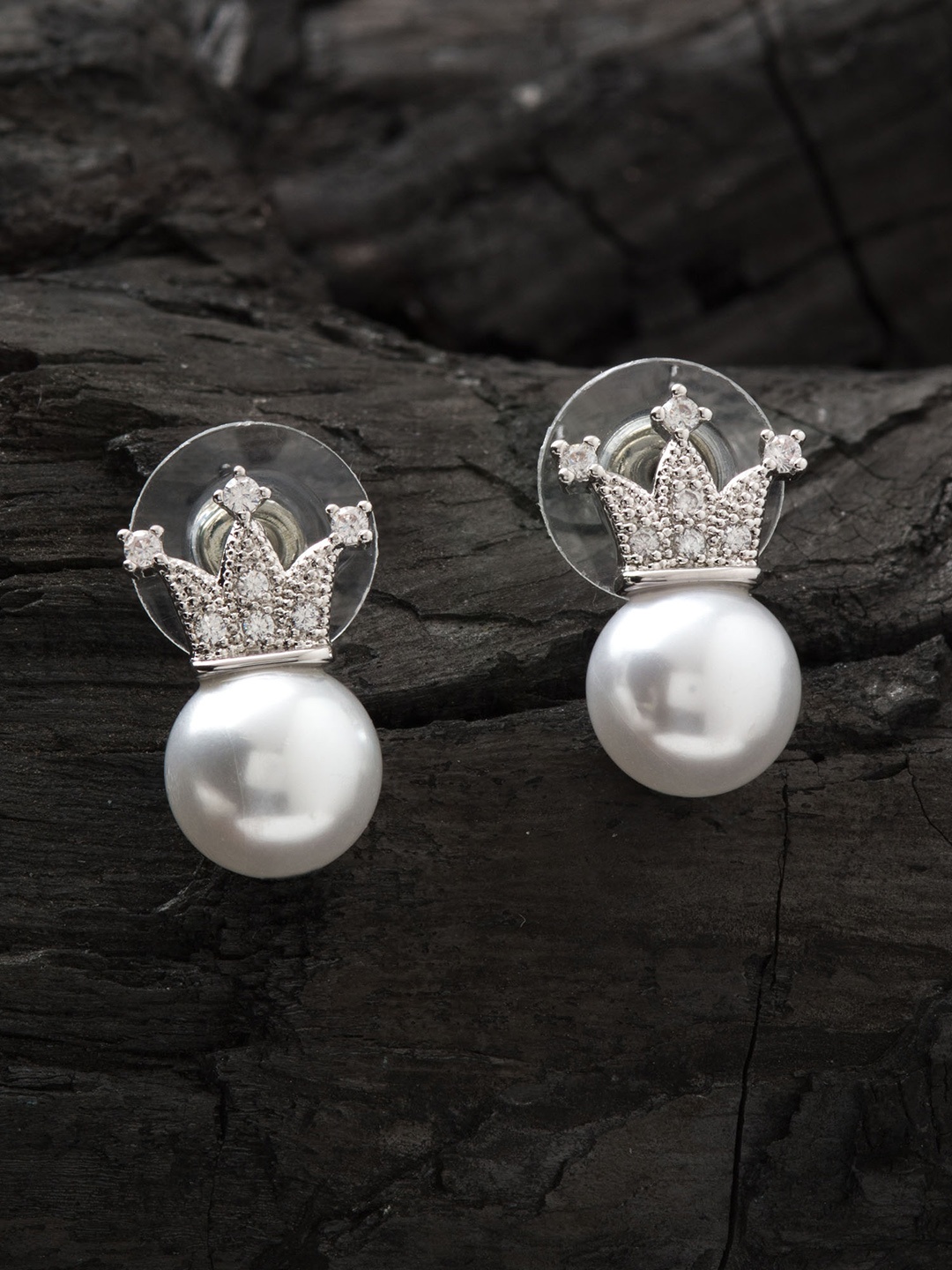 

E2O Silver-Toned Rhodium-Plated Crown Shaped Contemporary Studs