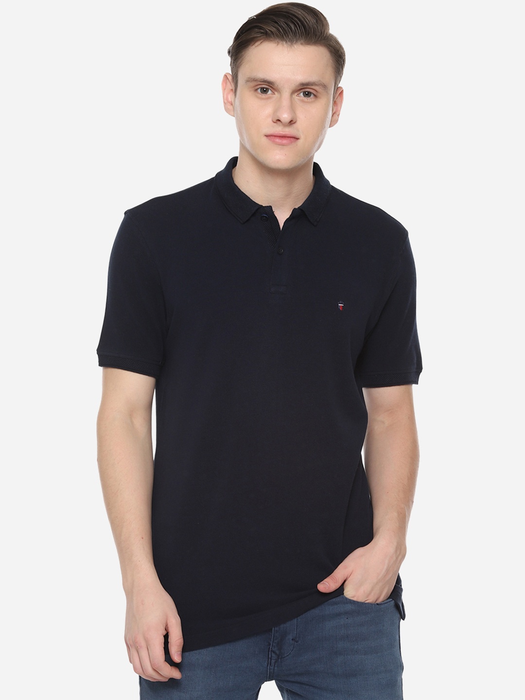 

Louis Philippe Sport Men Navy Blue Solid Polo Collar Pure Cotton T-shirt