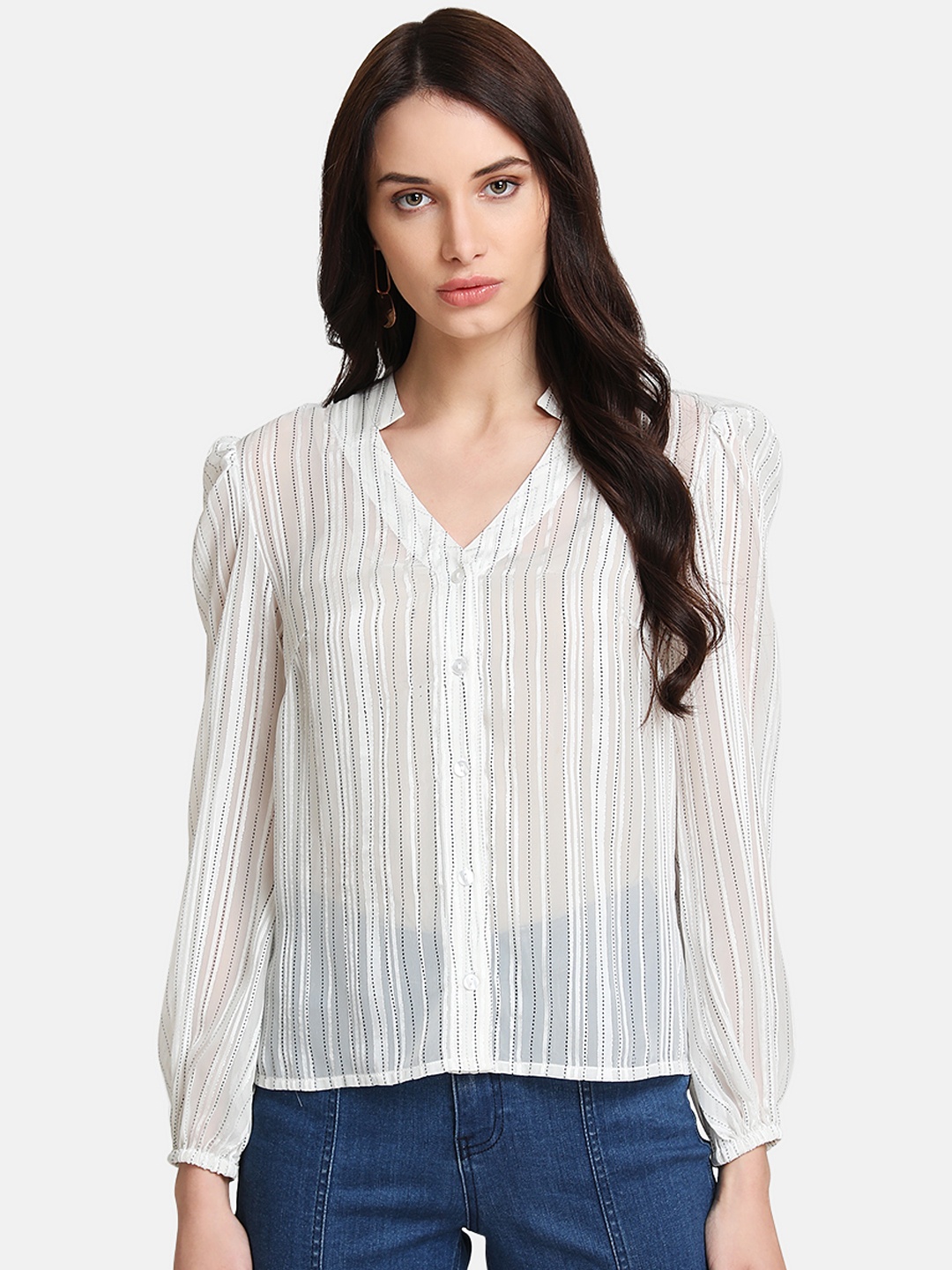 

Kazo Women Cream-Coloured Regular Fit Striped Casual Shirt