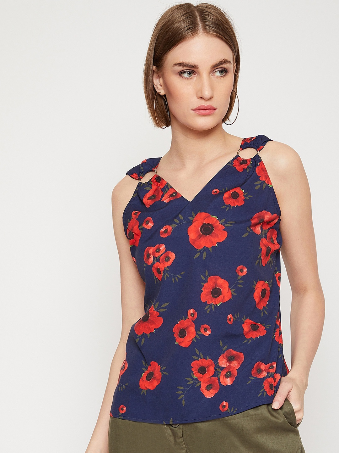 

Marie Claire Women Navy Blue & Red Floral Printed Top