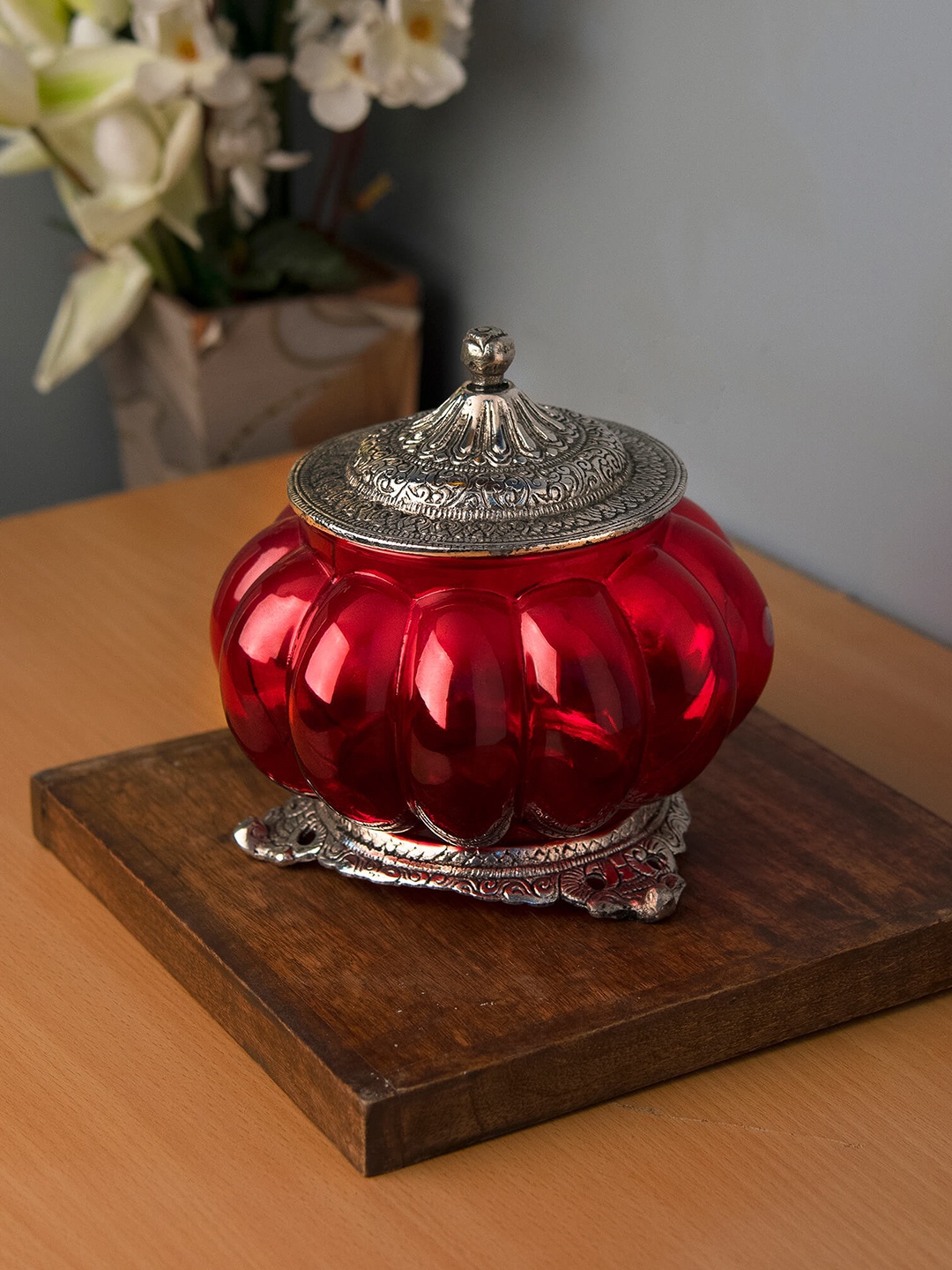 

Homesake Red & Siver-Toned Antique Cookie Serving Jar