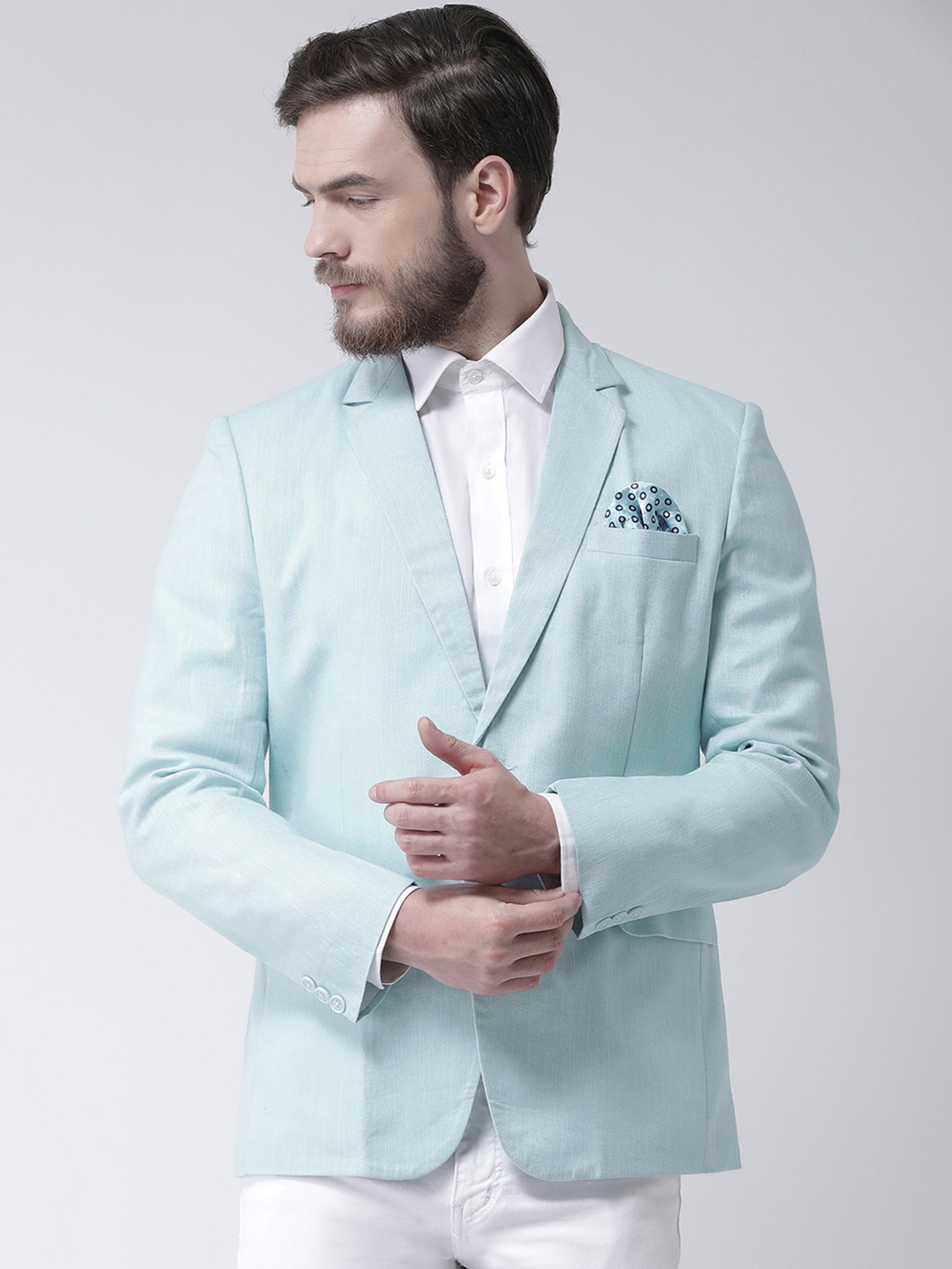 

Hangup Men Blue Solid Linen Single-breasted Blazer