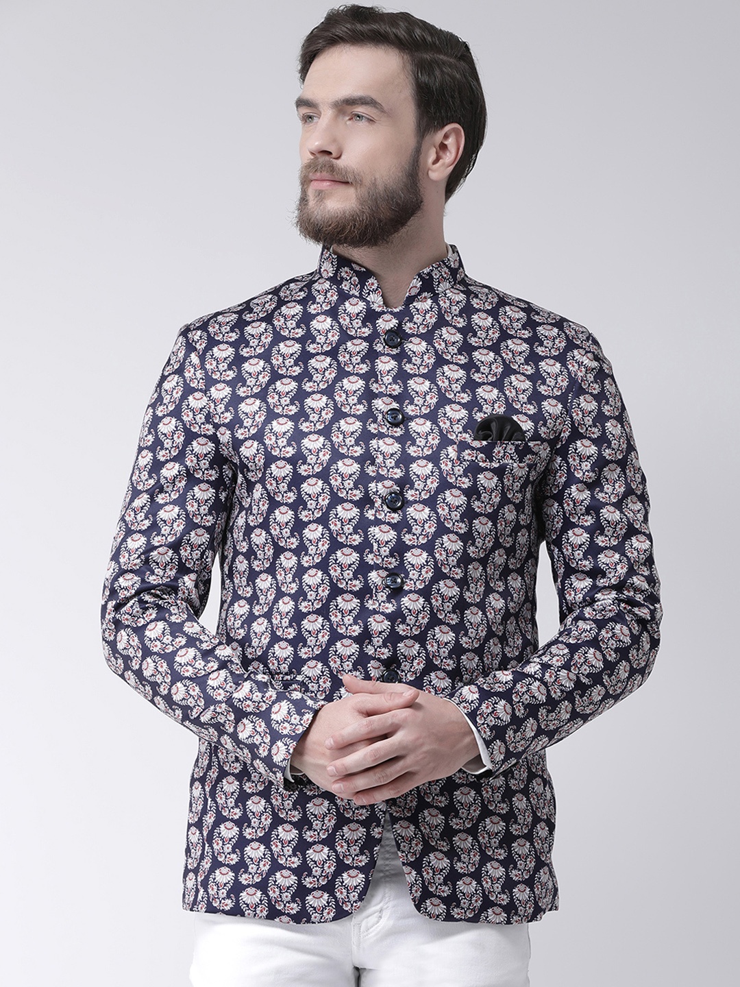 

Hangup Men Navy Blue & White Printed Single-Breasted Bandhgala Blazer