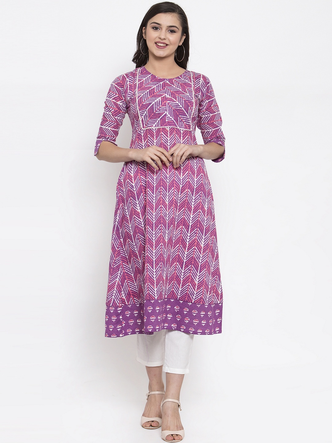 

Indibelle Women Purple & White Printed Kurta with Trousers
