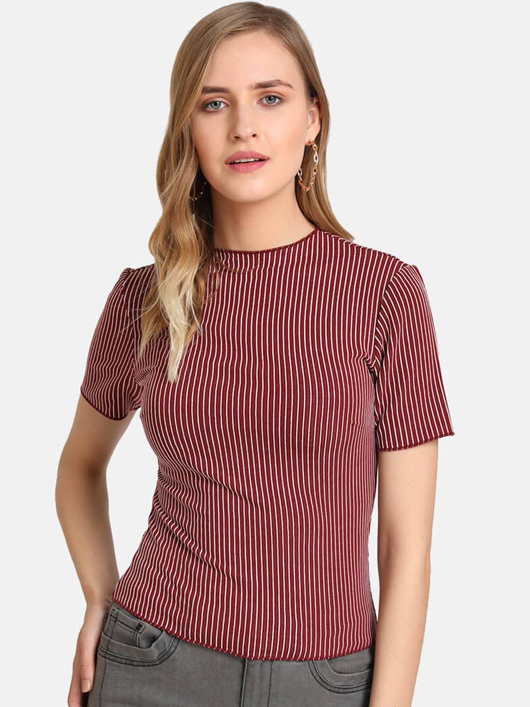 

Kazo Women Maroon & White Fitted Striped Stretchable T-Shirt