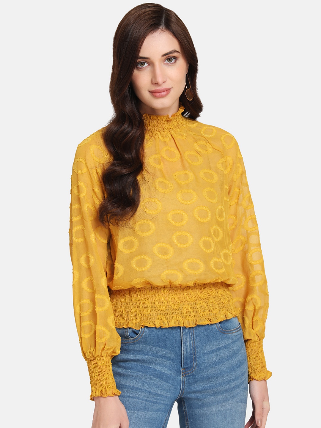 

Kazo Women Mustard Self Design Cinched Waist Top